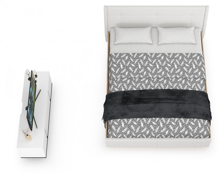 Муссон Кровать 11.28 + подъёмный ортопед + Тумба под ТВ Квадро 13.276, цвет белый/чёрный/дуб эндгрейн элегантный/кожзам белый, 1600х2000 мм., б/м