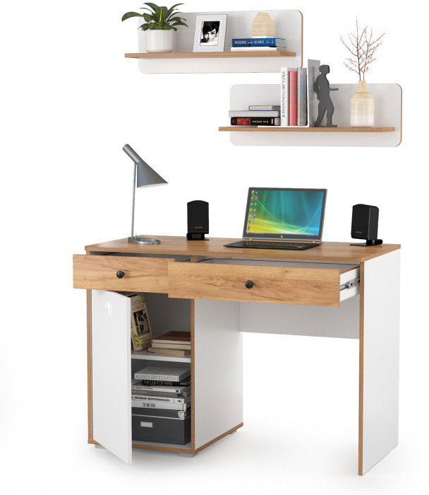 Вуди письменный стол 12.42 + 2хПолка 15.46, белый премиум/дуб крафт золотой