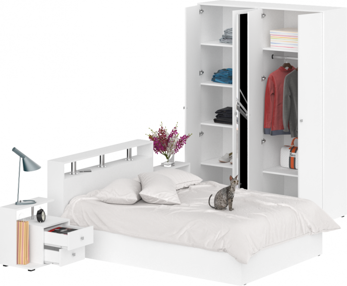 Камелия спальня № 1 Кровать 1400 + Две тумбы + Шкаф 4-х створчатый, цвет белый, сп.м. 1400х2000 мм., б/м, основание есть