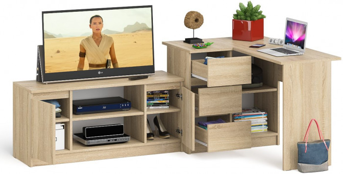 Мори Стол компьютерный МС-16 левый + Тумба МТВ1200.1, цвет дуб сонома, ШхГхВ 244,8х84,9х76,6 см., выдвижные ящики слева, НЕ универсальная сборка