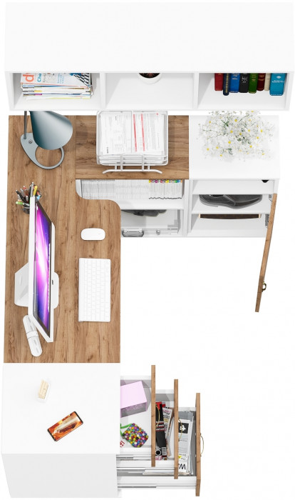 Лидер-8 Стол + Полка + Тумба МД 3.16 + Тумба МД 3.19, белый шагрень/крафт золото