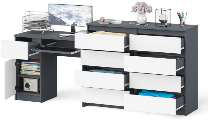Мори компьютерный стол МС-1 левый + Комод МК1200.8, графит/белый