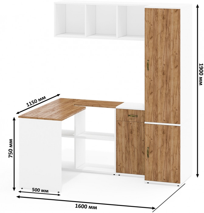 Лидер-8 Стол + Полка + Тумба МД 3.15 + Пенал МД 23Б, цвет белый шагрень/крафт золото, ШхГхВ 245х50/37,5х75/190 или 115х160/50х75/190 см., НЕ ун. сб.