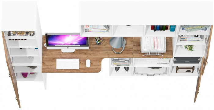 Лидер-8 Пенал МД 22Б + Стол + Полка + Пенал, цвет белый шагрень/крафт золото, ШхГхВ 245х50х75/190 или 155х120/50х75/190 см., НЕ универсальная сборка