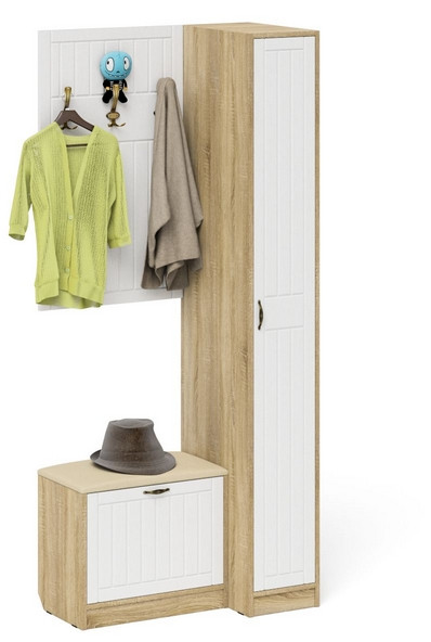 Прихожая П-6 Компоновка № 41, цвет дуб сонома/фасады МДФ белое дерево фрезеровка прованс, ШхГхВ 90х50х210 см., универсальная сборка