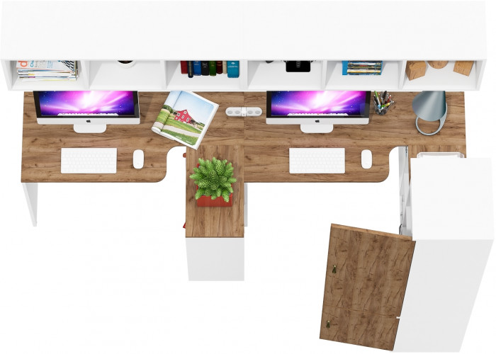 Лидер-8 Стол + Полка + Стол + Полка + Пенал МД 22Б, белый шагрень/крафт золото