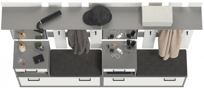 Лира ГК Прихожая 2 Два х Тумба под обувь + Два х Вешалка с зеркалом, цвет графит/белый, ШхГхВ 200х33х185 см., универсальная сборка