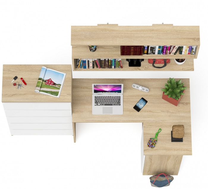 Мори компьютерный стол МС-16 правый + Комод МК700.5 + Полка 1200, дуб сонома/белый