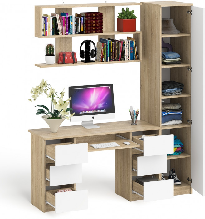 Мори компьютерный стол МС-2 + Пенал МШ400.1 + Полка 1200, дуб сонома/белый