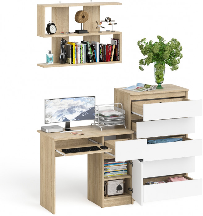Мори Стол компьютерный МС-1 правый + Комод МК700.5 + Полка 900, цвет дуб сонома/белый, ШхГхВ 160,4х50х209,6 см., НЕ универсальная сборка