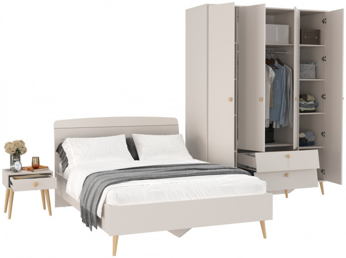 Афина Спальня Кровать 1400 + Шкаф 4-х дверный + Тумба, кашемир серый