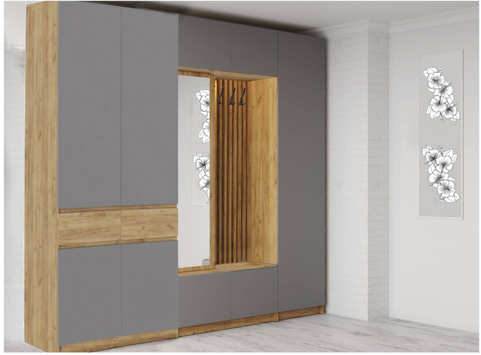 Модульная прихожая Роджина, композиция 3 (Белый глянец, Дуб Крафт Золотой)