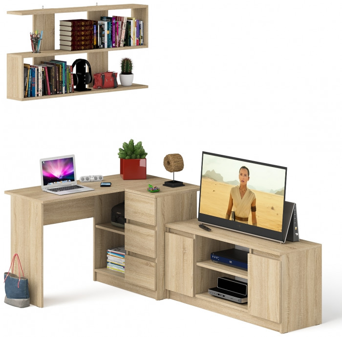Мори компьютерный стол МС-16 правый + Тумба МТВ1200.1 + Полка 1200, дуб сонома