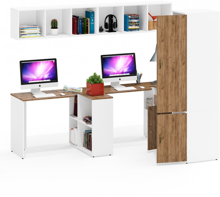 Лидер-8 Стол + Полка + Стол + Полка + Пенал МД 23Б + Тумба МД 3.15, белый шагрень/крафт золото