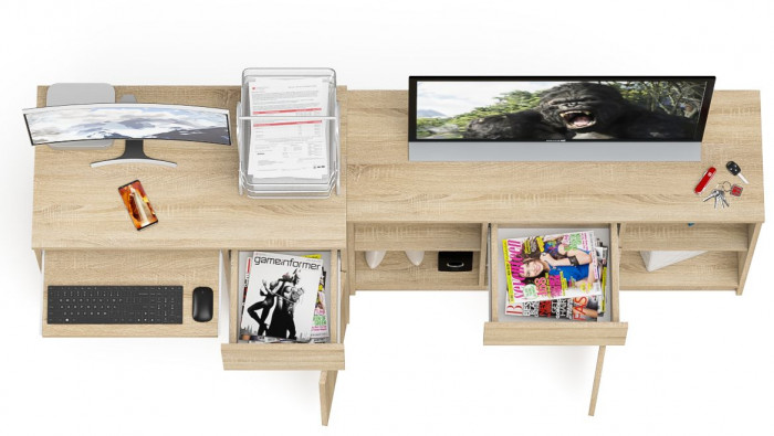 Мори компьютерный стол МС-1 правый + Тумба МТВ1204.1, дуб сонома