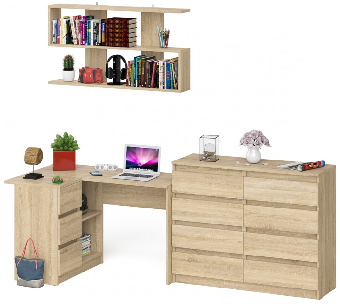 Мори компьютерный стол МС-16 левый + Комод МК1200.8 + Полка 1200, дуб сонома