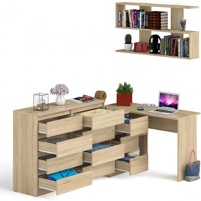 Мори компьютерный стол МС-16 левый + Комод МК1200.8 + Полка 1200, дуб сонома