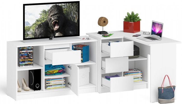 Мори Стол компьютерный МС-16 левый + Тумба МТВ1204.1, цвет белый, ШхГхВ 244,8х84,9х76,6 см., выдвижные ящики слева, НЕ универсальная сборка