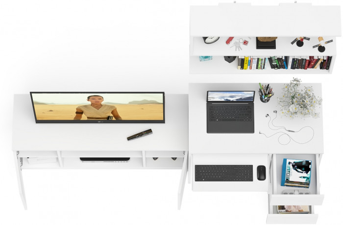 Мори Стол компьютерный МС-6 правый + Тумба МТВ1200.1 + Полка 900, цвет белый, ШхГхВ 210,4х50х209,6 см., НЕ универсальная сборка