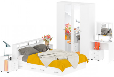 Камелия спальня № 9 Кровать с ящиками 1600 + Две тумбы + Стол косметич. + Зеркало + Шкаф 4-х, белый