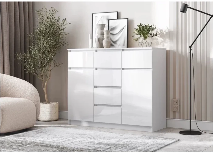 Челси Комод 1200 (2 двери 6 ящиков), Белый / Белый глянец