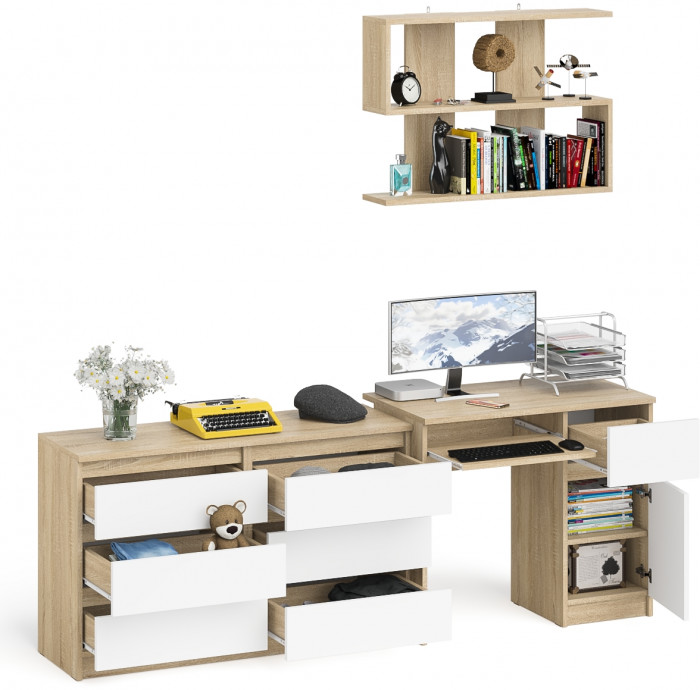 Мори компьютерный стол МС-1 правый + Комод МК1200.6 + Полка 900, дуб сонома/белый