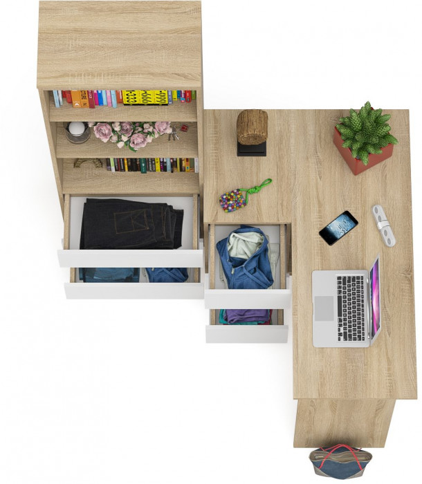 Мори компьютерный стол МС-16 левый + Стеллаж МСТ600.3, дуб сонома/белый