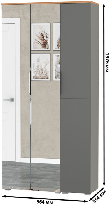 Октава 13.338 Шкаф для одежды + 13.228 Пенал, серый графит/дуб крафт золотой/фасады МДФ серый графит и зеркало