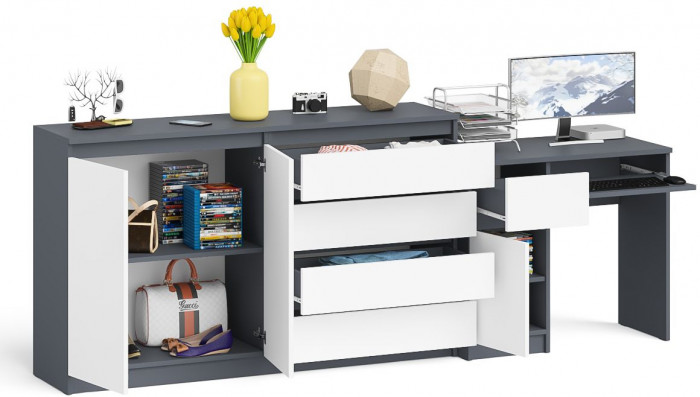 Мори Стол компьютерный МС-1 левый + Комод МК1600.1, цвет графит/белый, ШхГхВ 250,4х50х94 см., выдвижной ящик слева, НЕ универсальная сборка