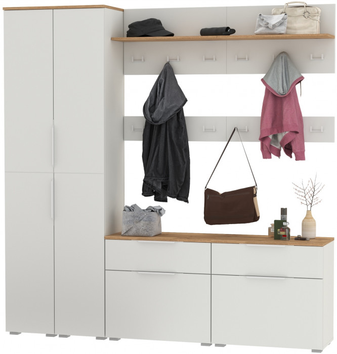 Октава Прихожая 35, цвет белый шагрень/дуб крафт золотой/фасады МДФ белый шагрень, ШхГхВ 194,2х35,4х197,6 см., универсальная сборка