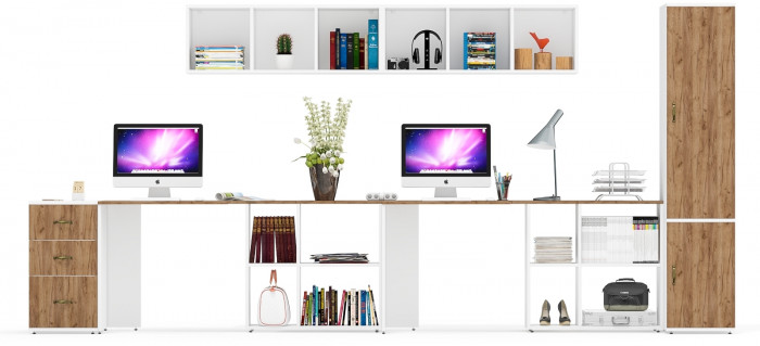 Лидер-8 Стол + Полка + Стол + Полка + Пенал МД 23Б + Тумба МД 3.16, белый шагрень/крафт золото