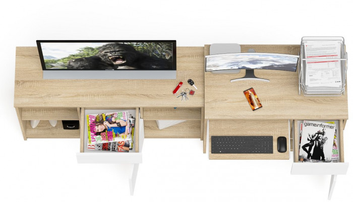 Мори компьютерный стол МС-1 правый + Тумба МТВ1204.1, дуб сонома/белый