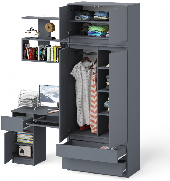 Мори Стол компьютерный МС-1 левый + Шкаф МШ900.1 + Антресоль МА900.1 + Полка 900, цвет графит, ШхГхВ 180,4х50,4х234,2 см., НЕ универс. сб.