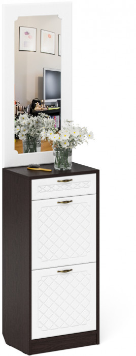 Прихожая П-6 Тумба для обуви 2 секции + Зеркало, цвет венге/фасады МДФ белое дерево фрезеровка ромб, ШхГхВ 50х35х210 см.