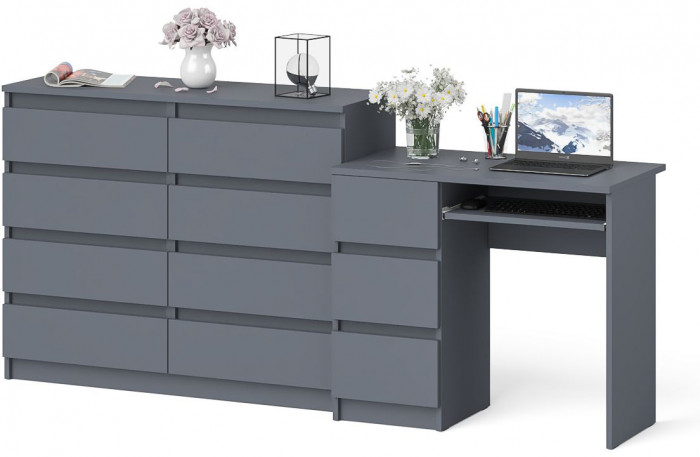 Мори Стол компьютерный МС-6 левый + Комод МК1200.8, цвет графит, ШхГхВ 210,4х50х94 см., выдвижные ящики слева, НЕ универсальная сборка