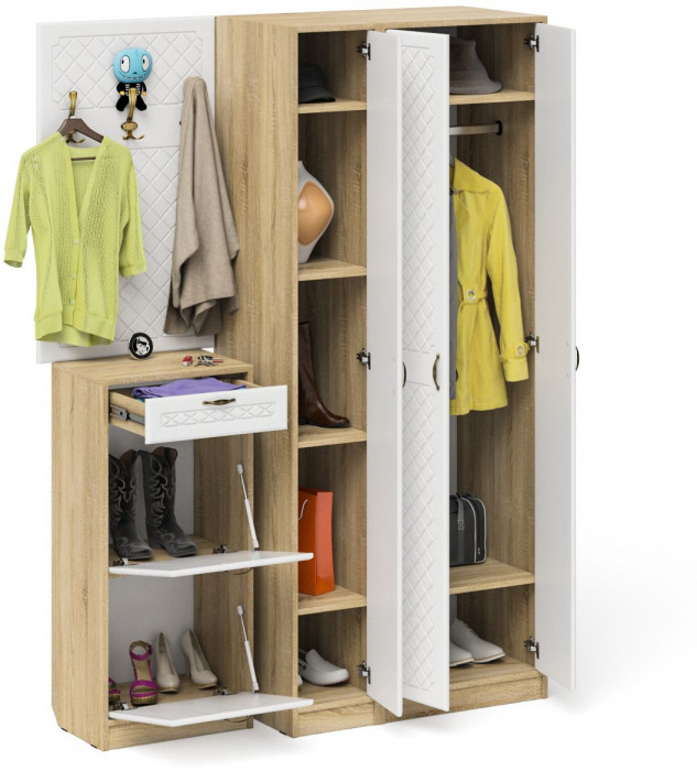 Прихожая П-6 Компоновка № 50, дуб сонома/фасады МДФ белое дерево фрезеровка ромб