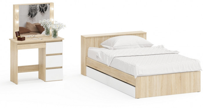 Ксения Кровать с ящиками 1200 + Стол косметический с подсветкой Сура, дуб сонома/белый