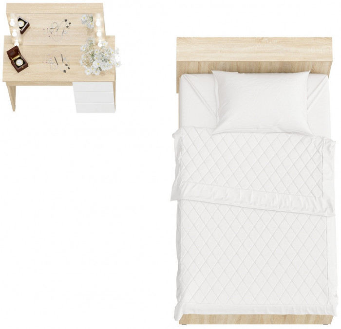 Ксения Кровать с ящиками 1200 + Стол косметический с подсветкой Сура, дуб сонома/белый
