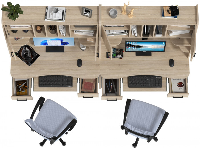 Два стола рабочих 6-0604 Бета + два кресла 103 серых, цвет дуб сонома, ШхГхВ 240х60,5х183,5 см.