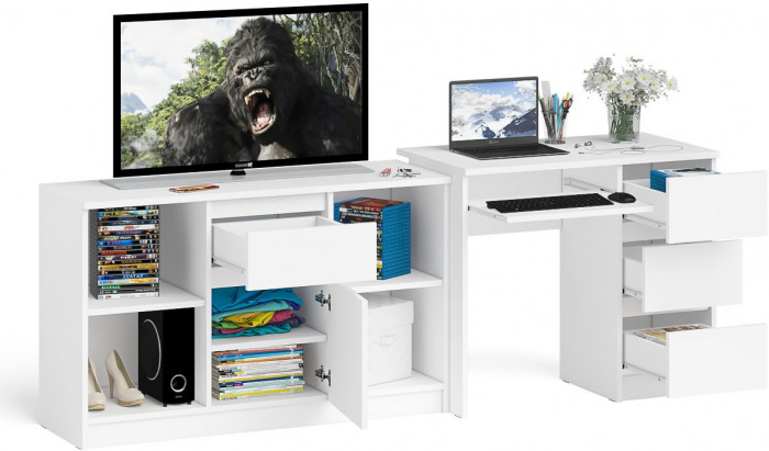 Мори компьютерный стол МС-6 правый + Тумба МТВ1204.1, белый