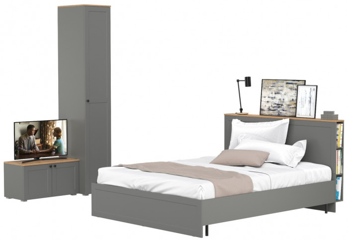 Остин 11.53 Кровать + ортопед + 13.225 Шкаф-пенал + 13.257 Тумба, серый графит/дуб крафт золотой