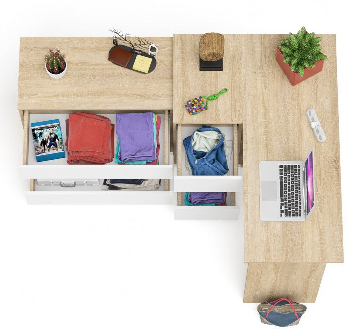 Мори Стол компьютерный МС-16 левый + Комод МК800.1, цвет дуб сонома/белый, ШхГхВ 204,8х84,9х76,6 см., выдвижные ящики слев, НЕ универсальная сборкаа