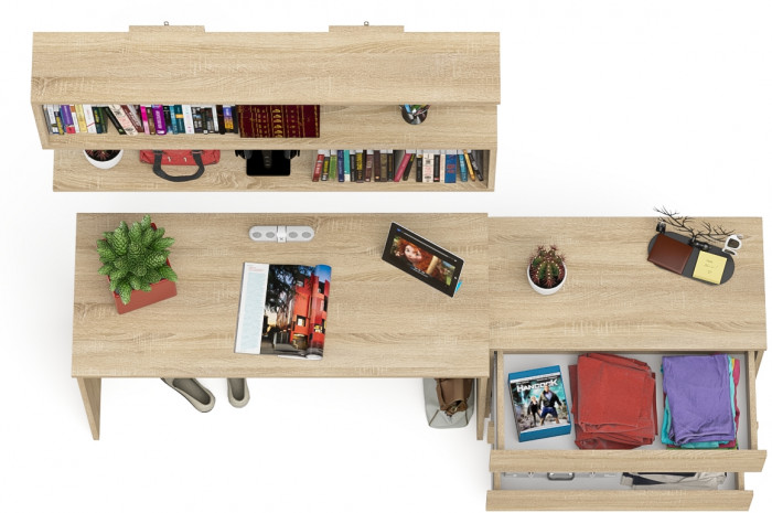 Мори Стол письменный МСП1200.1 + Комод МК800.1 + Полка 1200, цвет дуб сонома, ШхГхВ 200,8х50х209,6 см., универсальная сборка