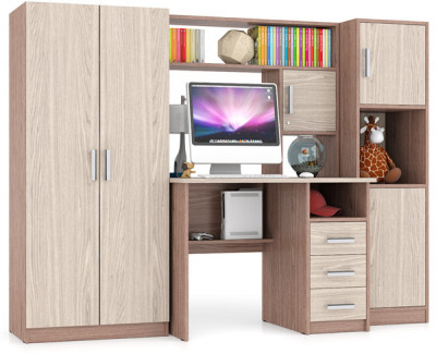 Стол компьютерный С-МД-СК9+Пенал С-МД-СК9П+Шкаф С-МД-СК9Ш, цвет ясень шимо светлый/ясень шимо тёмный, ШхГхВ 215х70х160 см., НЕ универсальная сборка