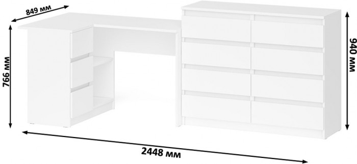 Мори компьютерный стол МС-16 левый + Комод МК1200.8, белый