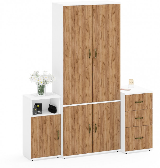 Лидер-8 Шкаф МД 20Б + Тумба МД 3.16 + Тумба МД 3.19, цвет белый шагрень/крафт золото, ШхГхВ 160х50х190 см., НЕ универсальная сборка