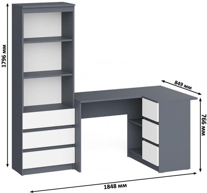Мори Стол компьютерный МС-16 правый + Стеллаж МСТ600.3, цвет графит/белый, ШхГхВ 184,8х84,9х179,6 см., выдвижные ящики справа, НЕ универсальная сборка
