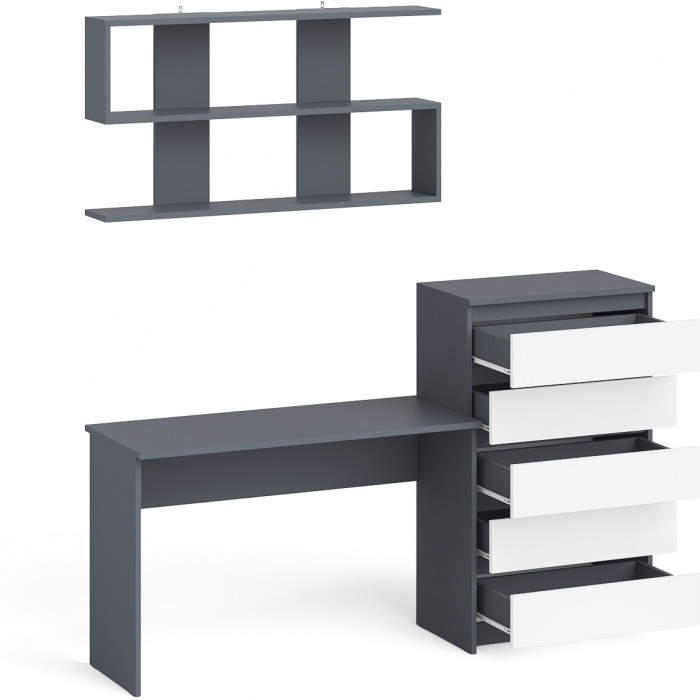 Мори письменный стол МСП1200.1 + Комод МК700.5 + Полка 1200, графит/белый