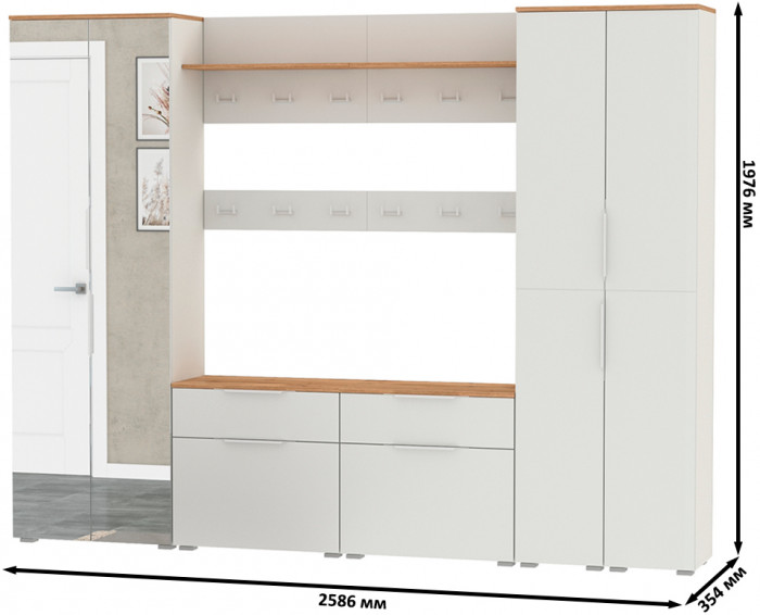 Октава Прихожая 37, цвет белый шагрень/дуб крафт золотой/фасады МДФ белый шагрень, ШхГхВ 258,6х35,4х197,6 см., универсальная сборка