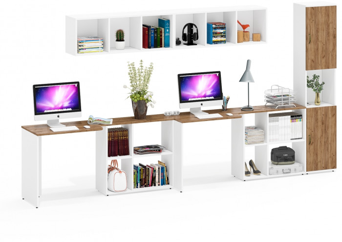 Лидер-8 Стол + Полка + Стол + Полка + Пенал, белый шагрень/крафт золото